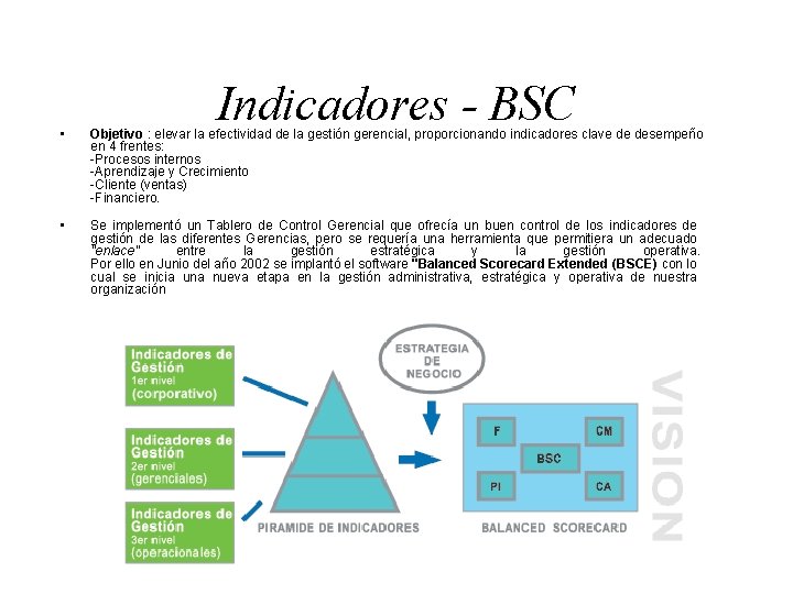 Indicadores - BSC • Objetivo : elevar la efectividad de la gestión gerencial, proporcionando