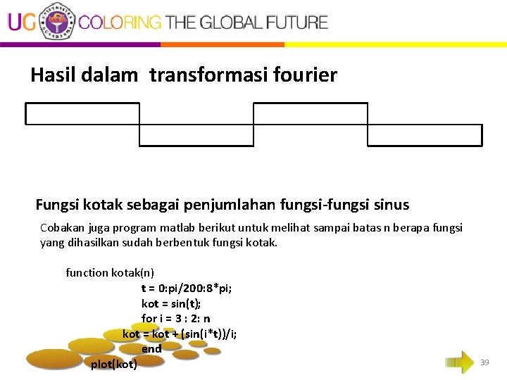 Hasil dalam transformasi fourier Fungsi kotak sebagai penjumlahan fungsi-fungsi sinus Cobakan juga program matlab Hasil dalam transformasi fourier Fungsi kotak sebagai penjumlahan fungsi-fungsi sinus Cobakan juga program matlab
