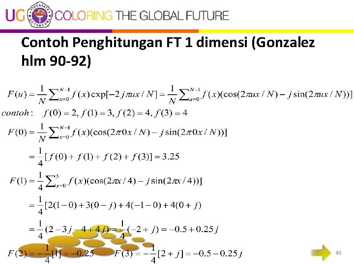 Contoh Penghitungan FT 1 dimensi (Gonzalez hlm 90 -92) 46 Contoh Penghitungan FT 1 dimensi (Gonzalez hlm 90 -92) 46