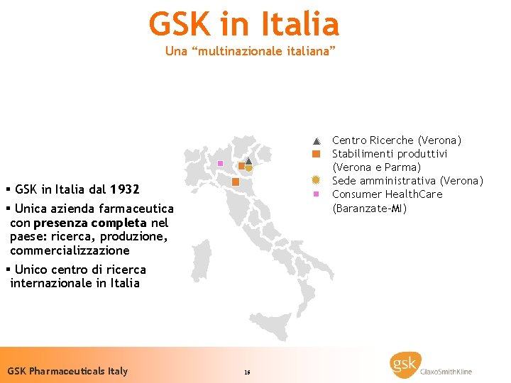 GSK in Italia Una “multinazionale italiana” Centro Ricerche (Verona) Stabilimenti produttivi (Verona e Parma)