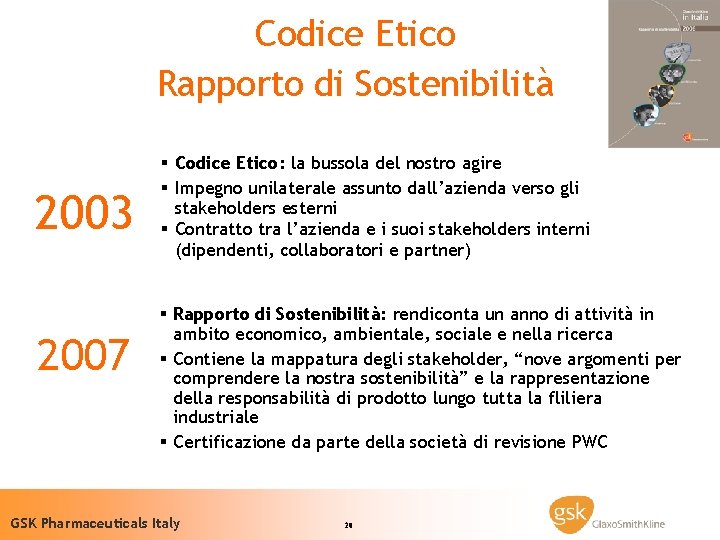 Codice Etico Rapporto di Sostenibilità 2003 2007 § Codice Etico: la bussola del nostro