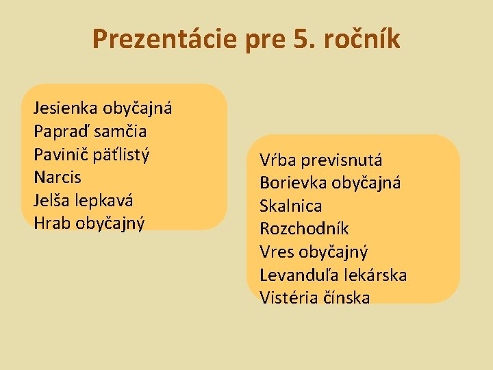 Prezentácie pre 5. ročník Jesienka obyčajná Papraď samčia Pavinič päťlistý Narcis Jelša lepkavá Hrab