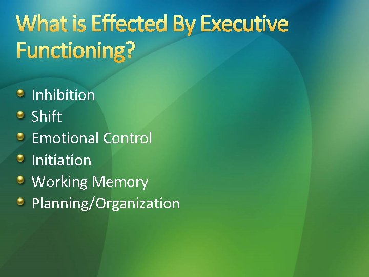 What is Effected By Executive Functioning? Inhibition Shift Emotional Control Initiation Working Memory Planning/Organization What is Effected By Executive Functioning? Inhibition Shift Emotional Control Initiation Working Memory Planning/Organization