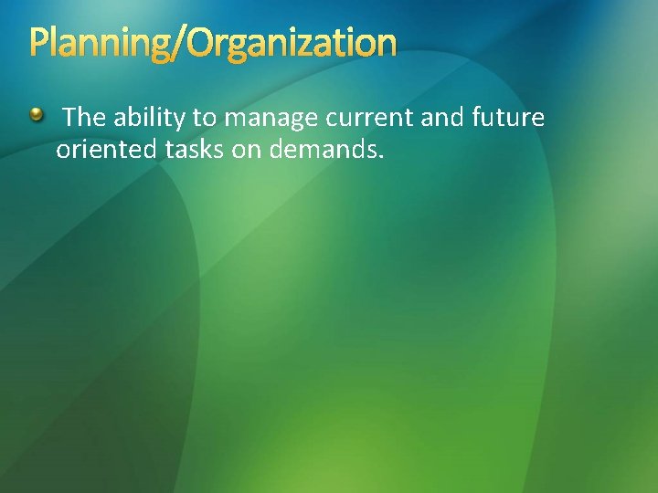 Planning/Organization The ability to manage current and future oriented tasks on demands. Planning/Organization The ability to manage current and future oriented tasks on demands.