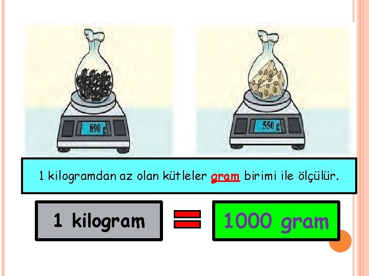 1 kilogramdan az olan kütleler gram birimi ile ölçülür. 1 kilogram 1000 gram 