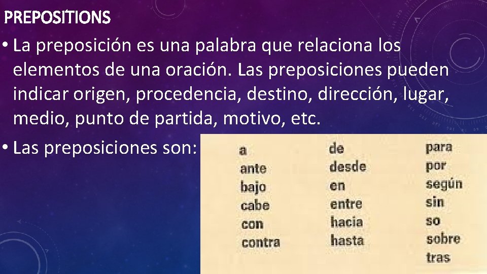 PREPOSITIONS A ANTE BAJO CON CONTRA DESDE DURANTE