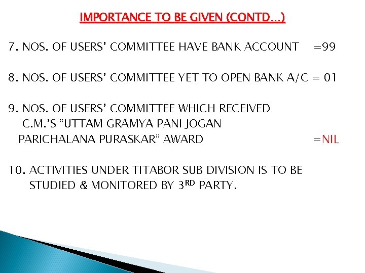 IMPORTANCE TO BE GIVEN (CONTD…) 7. NOS. OF USERS’ COMMITTEE HAVE BANK ACCOUNT =99