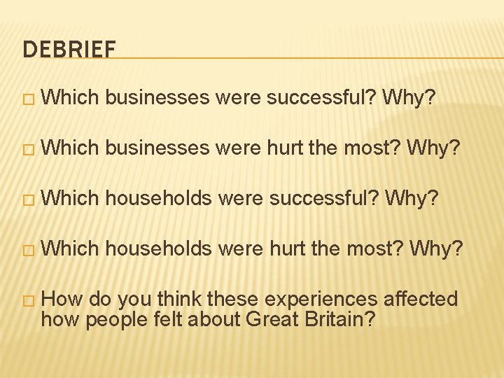 DEBRIEF � Which businesses were successful? Why? � Which businesses were hurt the most?