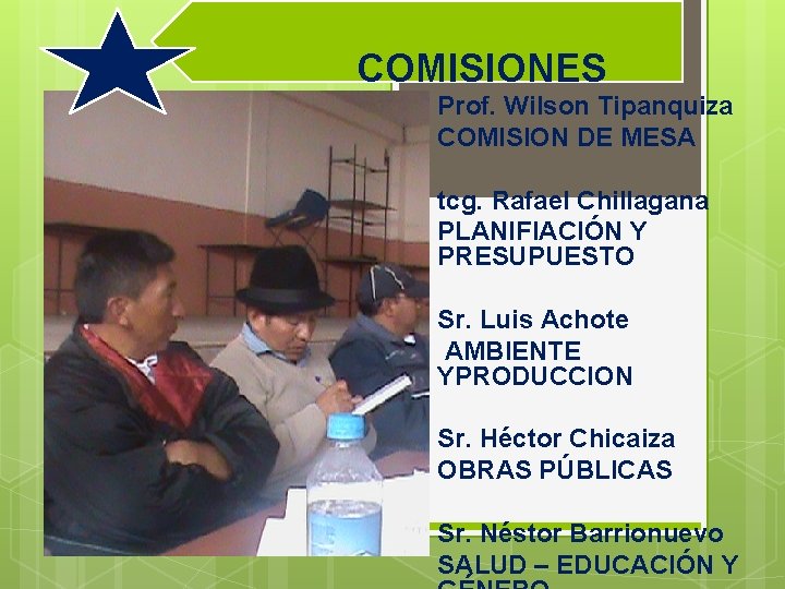 COMISIONES Prof. Wilson Tipanquiza COMISION DE MESA tcg. Rafael Chillagana PLANIFIACIÓN Y PRESUPUESTO Sr.