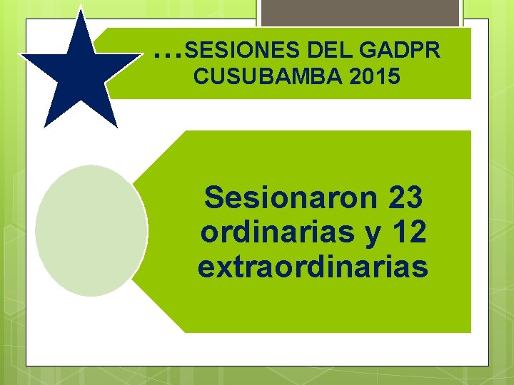 …SESIONES DEL GADPR CUSUBAMBA 2015 Sesionaron 23 ordinarias y 12 extraordinarias 