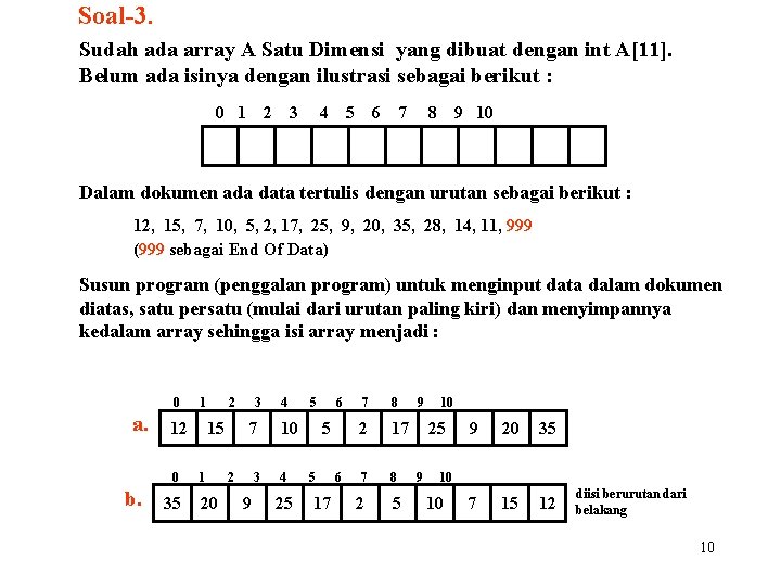 Soal-3. Sudah ada array A Satu Dimensi yang dibuat dengan int A[11]. Belum ada