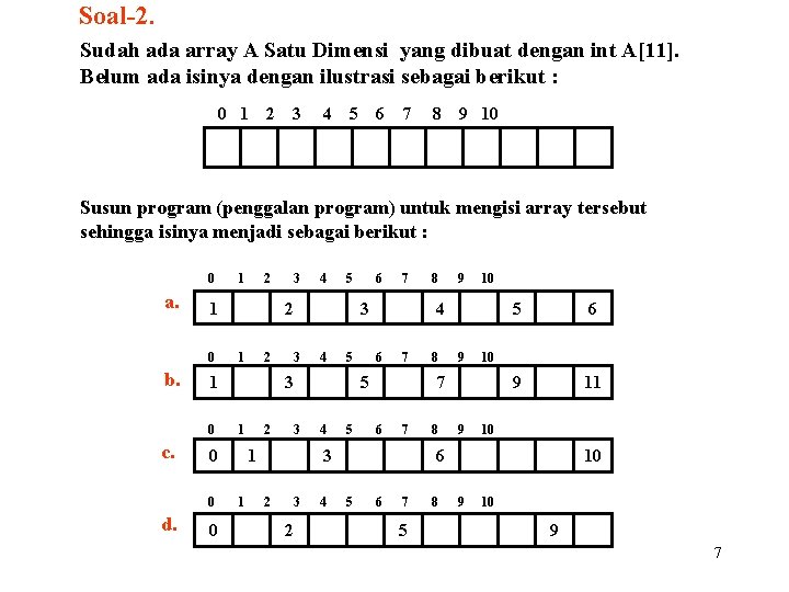 Soal-2. Sudah ada array A Satu Dimensi yang dibuat dengan int A[11]. Belum ada