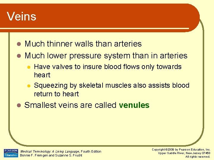 Veins Much thinner walls than arteries l Much lower pressure system than in arteries