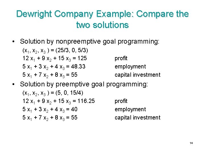 Dewright Company Example: Compare the two solutions • Solution by nonpreemptive goal programming: (x