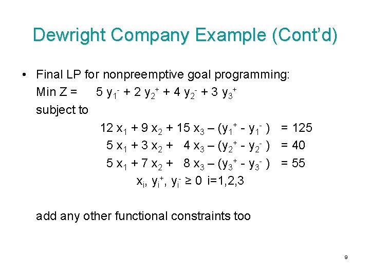 Dewright Company Example (Cont’d) • Final LP for nonpreemptive goal programming: Min Z =