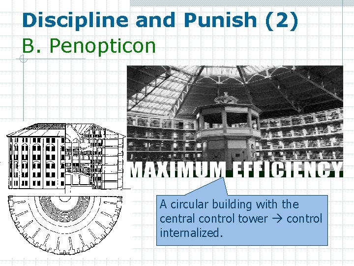 Discipline and Punish (2) B. Penopticon A circular building with the central control tower