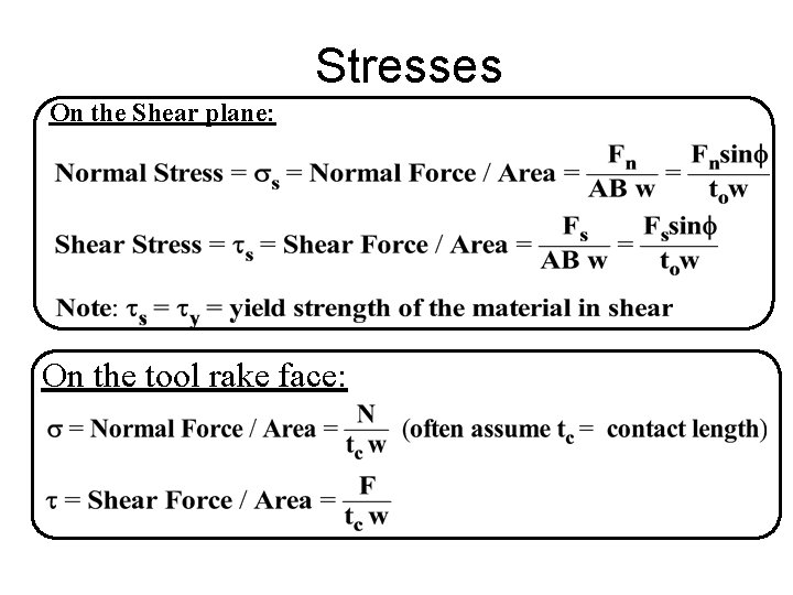 Stresses On the Shear plane: On the tool rake face: Stresses On the Shear plane: On the tool rake face: