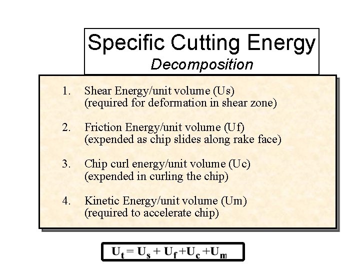 Specific Cutting Energy Decomposition 1. Shear Energy/unit volume (Us) (required for deformation in shear Specific Cutting Energy Decomposition 1. Shear Energy/unit volume (Us) (required for deformation in shear