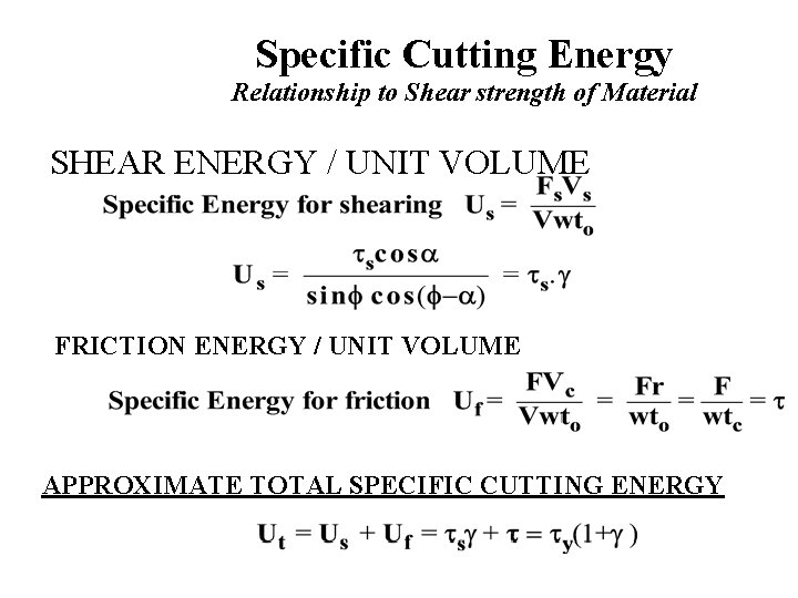 Specific Cutting Energy Relationship to Shear strength of Material SHEAR ENERGY / UNIT VOLUME Specific Cutting Energy Relationship to Shear strength of Material SHEAR ENERGY / UNIT VOLUME