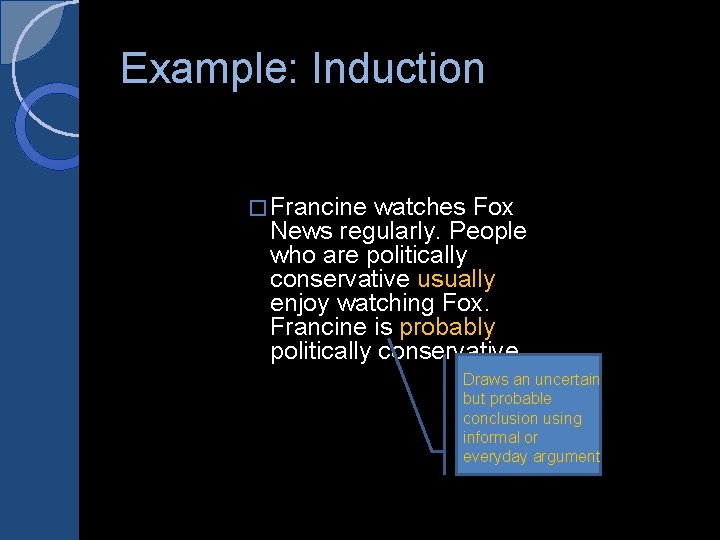 Example: Induction � Francine watches Fox News regularly. People who are politically conservative usually