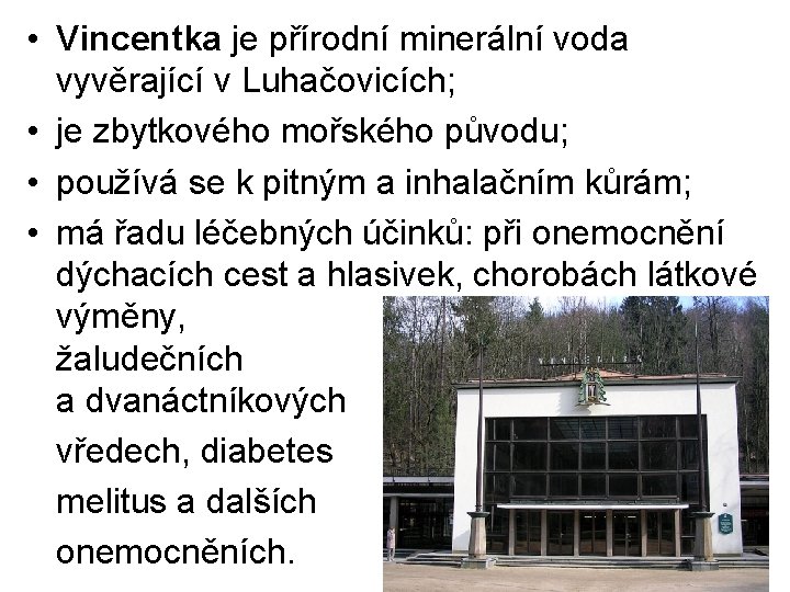  • Vincentka je přírodní minerální voda vyvěrající v Luhačovicích; • je zbytkového mořského