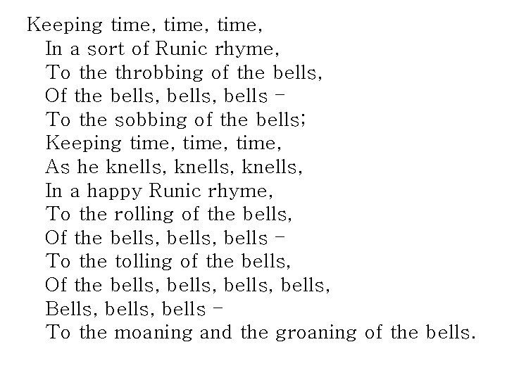 Keeping time, In a sort of Runic rhyme, To the throbbing of the bells,