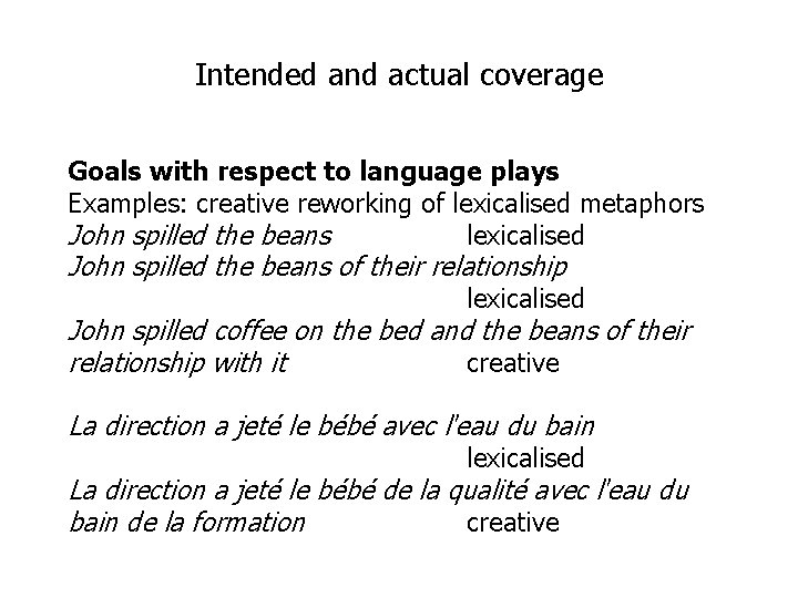 Intended and actual coverage Goals with respect to language plays Examples: creative reworking of
