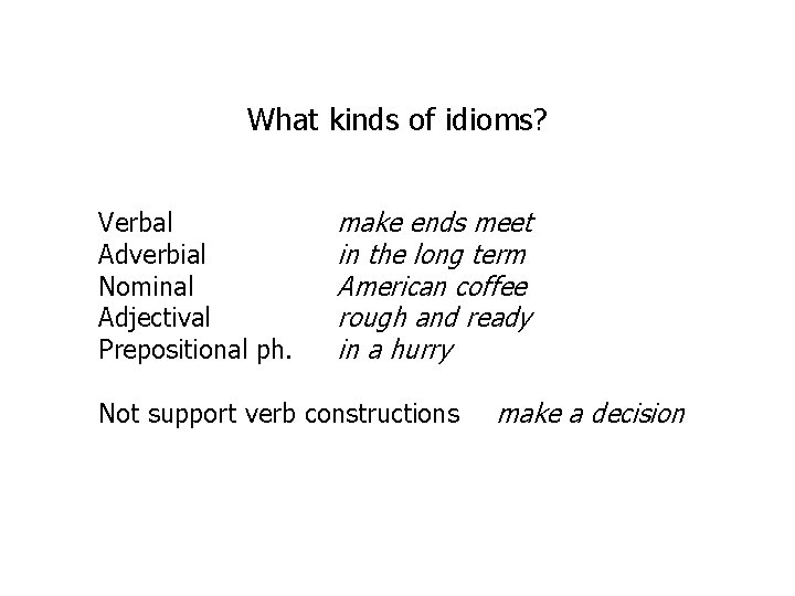 What kinds of idioms? Verbal Adverbial Nominal Adjectival Prepositional ph. make ends meet in