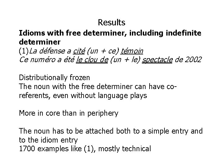 Results Idioms with free determiner, including indefinite determiner (1)La défense a cité (un +