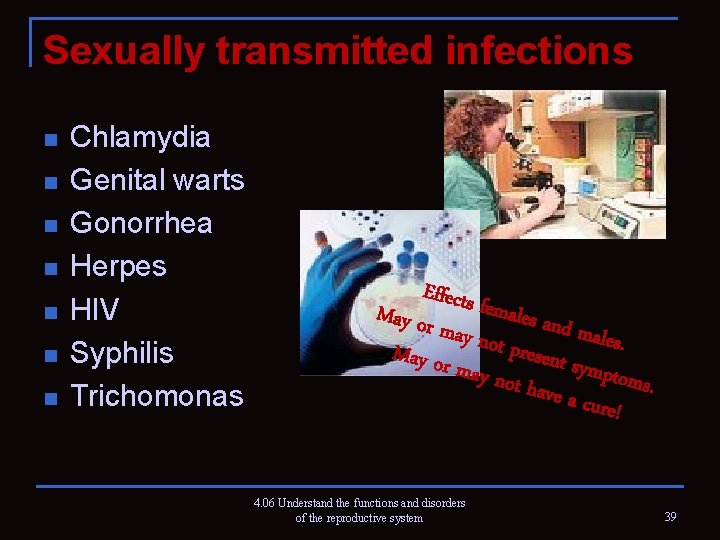Sexually transmitted infections n n n n Chlamydia Genital warts Gonorrhea Herpes HIV Syphilis