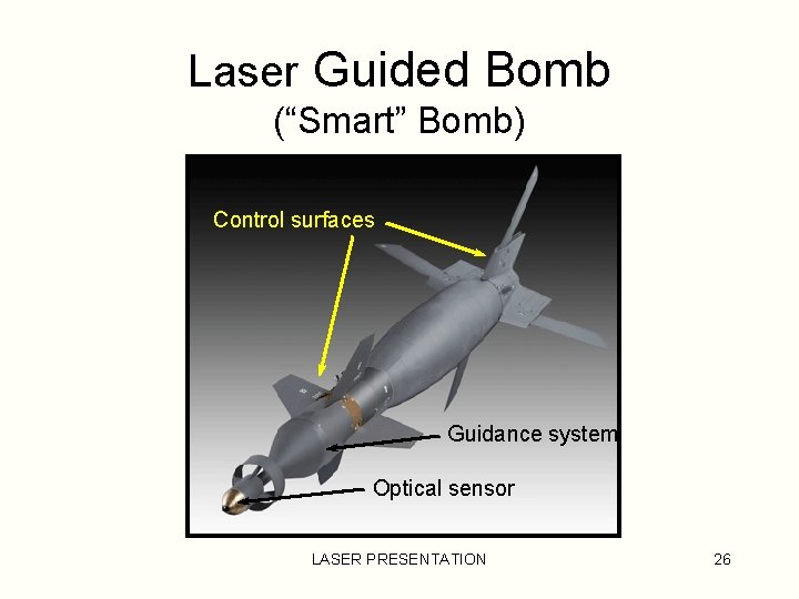 Laser Guided Bomb (“Smart” Bomb) Control surfaces Guidance system Optical sensor LASER PRESENTATION 26