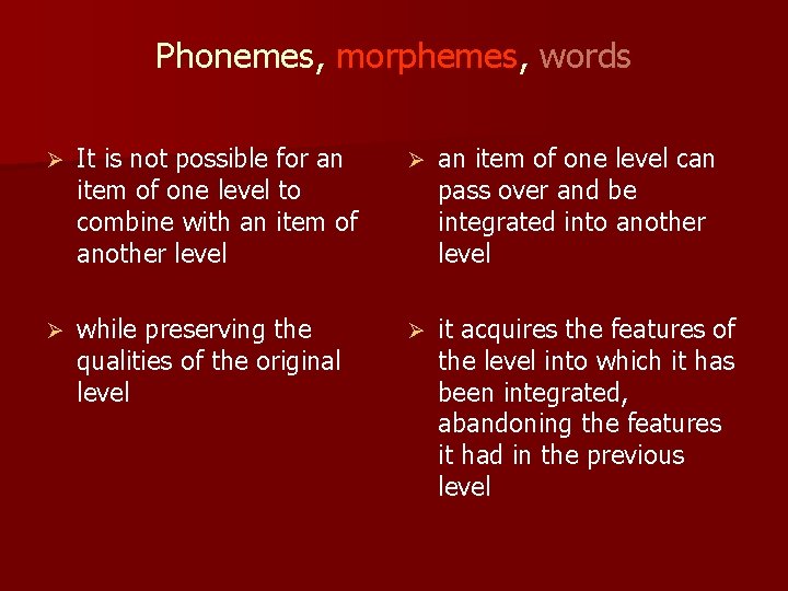 Phonemes, morphemes, words Ø It is not possible for an item of one level