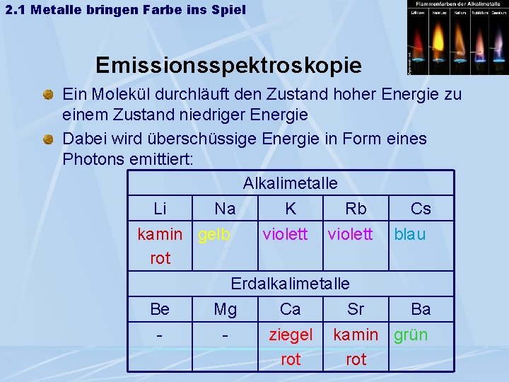 2. 1 Metalle bringen Farbe ins Spiel Emissionsspektroskopie Ein Molekül durchläuft den Zustand hoher