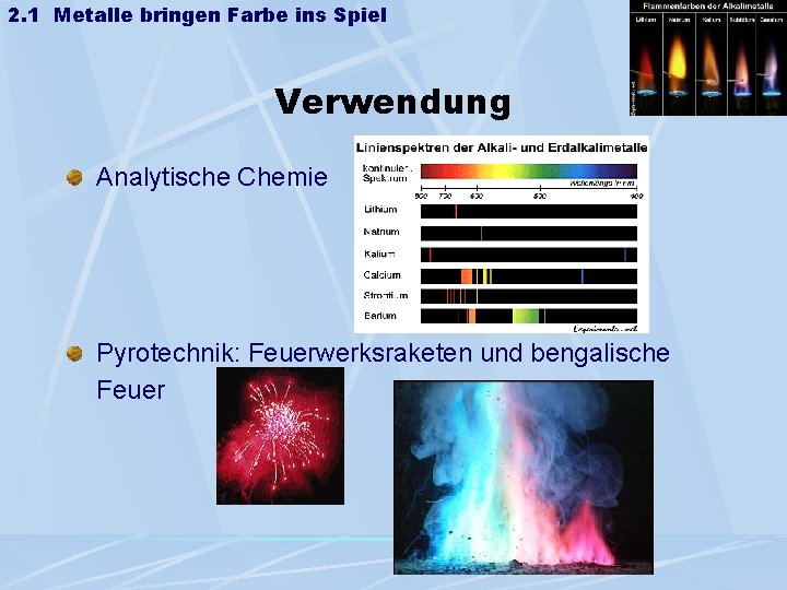 2. 1 Metalle bringen Farbe ins Spiel Verwendung Analytische Chemie Pyrotechnik: Feuerwerksraketen und bengalische 2. 1 Metalle bringen Farbe ins Spiel Verwendung Analytische Chemie Pyrotechnik: Feuerwerksraketen und bengalische