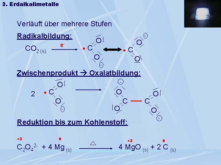 3. Erdalkalimetalle Verläuft über mehrere Stufen Radikalbildung: e- CO 2 (s) C - O