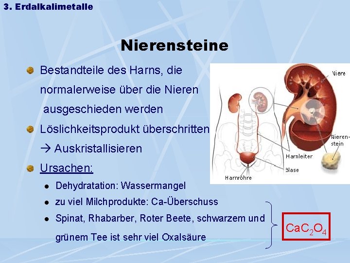 3. Erdalkalimetalle Nierensteine Bestandteile des Harns, die normalerweise über die Nieren ausgeschieden werden Löslichkeitsprodukt