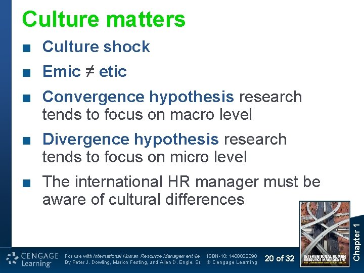 Culture matters ■ Culture shock ■ Emic ≠ etic ■ Convergence hypothesis research tends