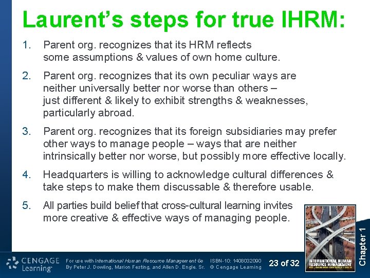 1. Parent org. recognizes that its HRM reflects some assumptions & values of own