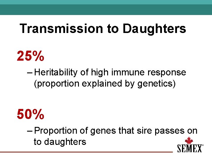 Transmission to Daughters 25% – Heritability of high immune response (proportion explained by genetics)