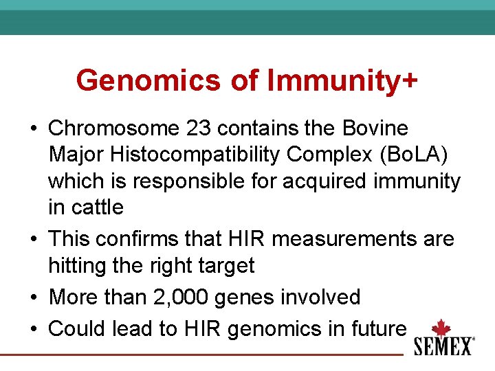 Genomics of Immunity+ • Chromosome 23 contains the Bovine Major Histocompatibility Complex (Bo. LA)