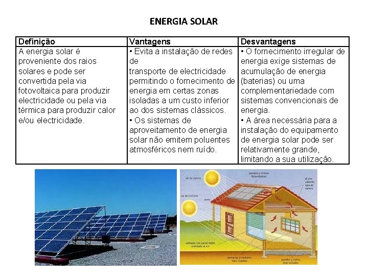 ENERGIA SOLAR Definição A energia solar é proveniente dos raios solares e pode ser