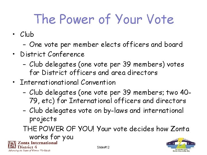 The Power of Your Vote • Club – One vote per member elects officers