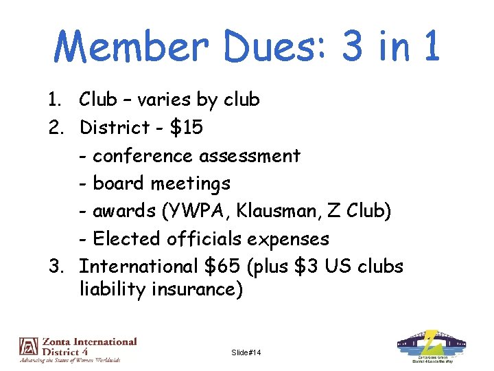 Member Dues: 3 in 1 1. Club – varies by club 2. District -