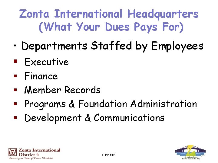 Zonta International Headquarters (What Your Dues Pays For) • Departments Staffed by Employees §