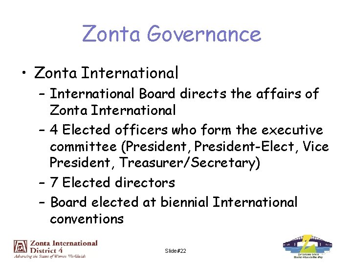 Zonta Governance • Zonta International – International Board directs the affairs of Zonta International