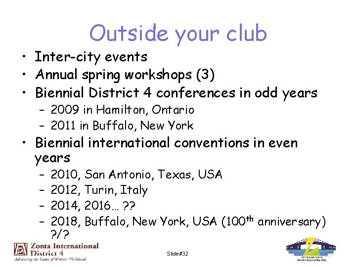 Outside your club • Inter-city events • Annual spring workshops (3) • Biennial District