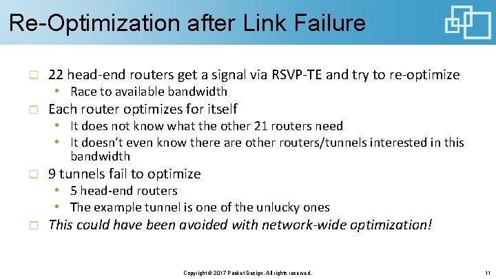 Re-Optimization after Link Failure 22 head-end routers get a signal via RSVP-TE and try Re-Optimization after Link Failure 22 head-end routers get a signal via RSVP-TE and try