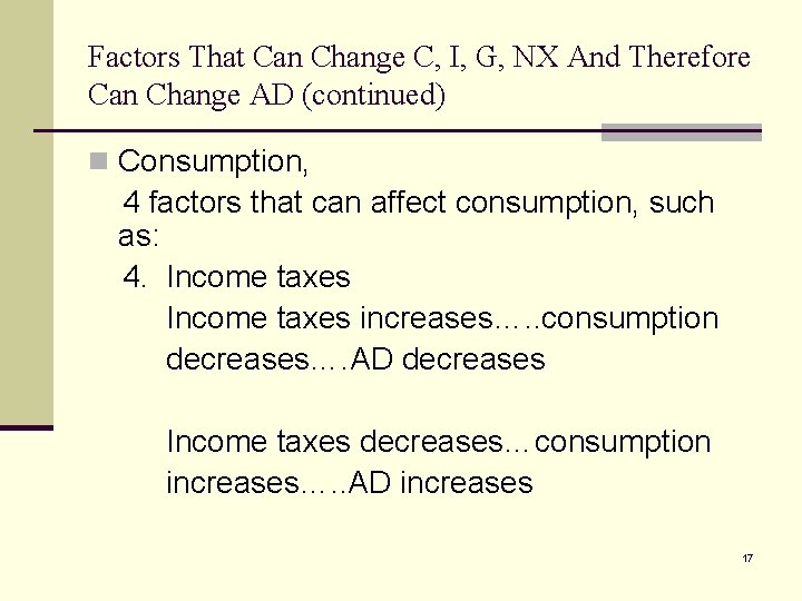 Factors That Can Change C, I, G, NX And Therefore Can Change AD (continued)