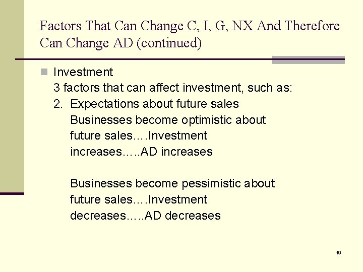 Factors That Can Change C, I, G, NX And Therefore Can Change AD (continued)