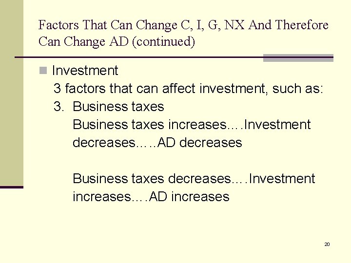 Factors That Can Change C, I, G, NX And Therefore Can Change AD (continued)